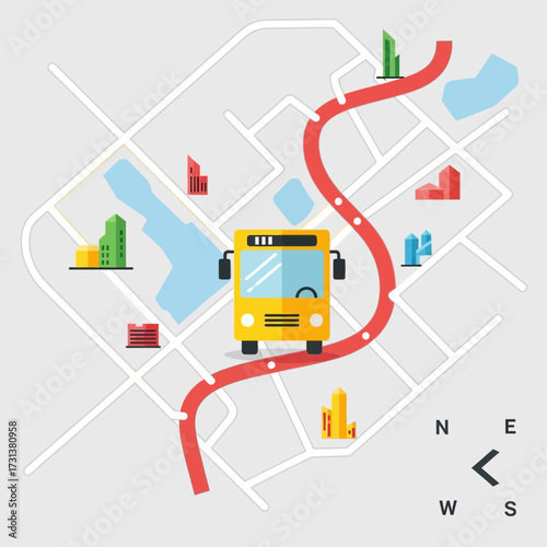 Yellow bus on a map with roads and buildings.