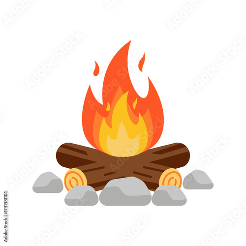 Campfire with logs and stones on white background.