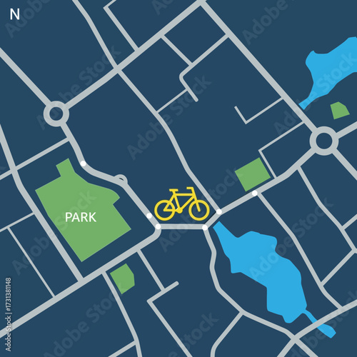 Stylized map showing roads parks and water with a bicycle symbol.