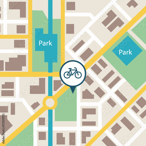 City map showing parks and a bicycle icon indicating a location.