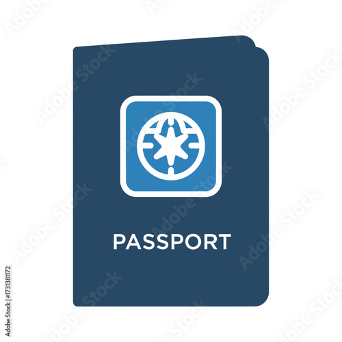 Blue passport with a globe symbol and the word passport.
