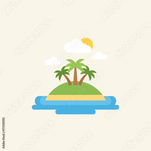 Tropical island with palm trees under a sunny sky.