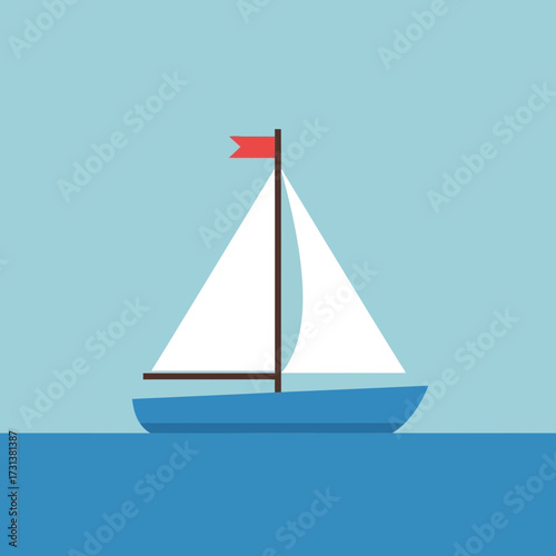 Blue sailboat with white sails on calm blue water.