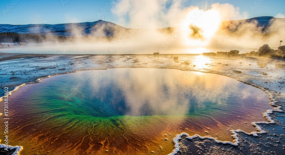 Fototapeta premium Vibrant geothermal spring with colorful layers and mountain background