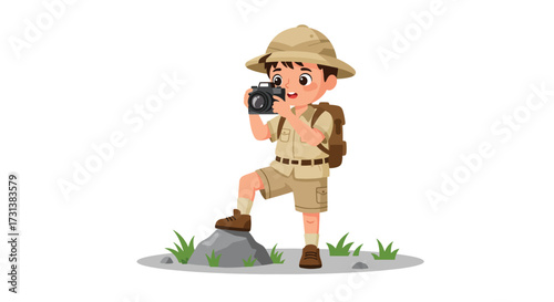 Cartoon Boy Explorer Taking Photo with Camera on Rock.