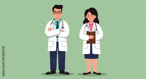 Cartoon Doctors in White Coats with Stethoscopes Standing Together.