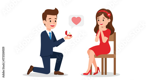 Cartoon Man Proposes to Woman with Engagement Ring Romantic Love Illustration.
