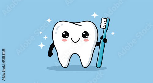 Cartoon Tooth with Smiling Face Holding a Toothbrush.