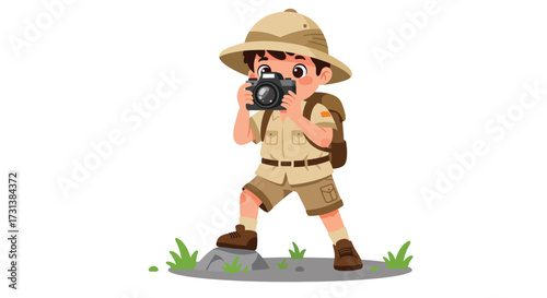 Cartoon young explorer boy with camera and pith helmet on adventure.