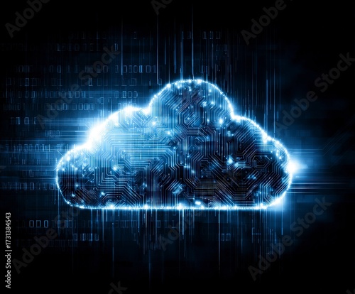 Secure cloud computing: digital network with glowing circuitry for data storage solutions