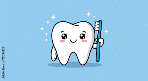 Cute kawaii cartoon tooth character holding a blue toothbrush and smiling happily.