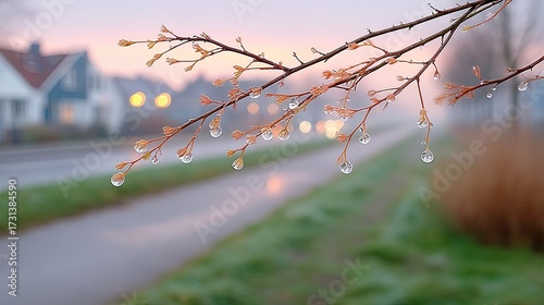 Macro Photograph of Water Droplets on Delicate Branch with Blurred Residential Street in Soft Focus