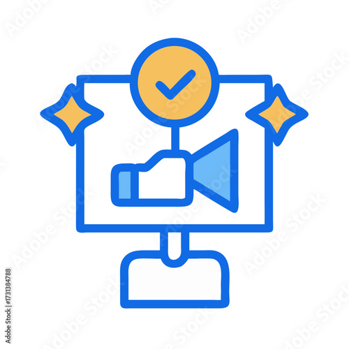 Successful marketing campaign icon with megaphone and check mark