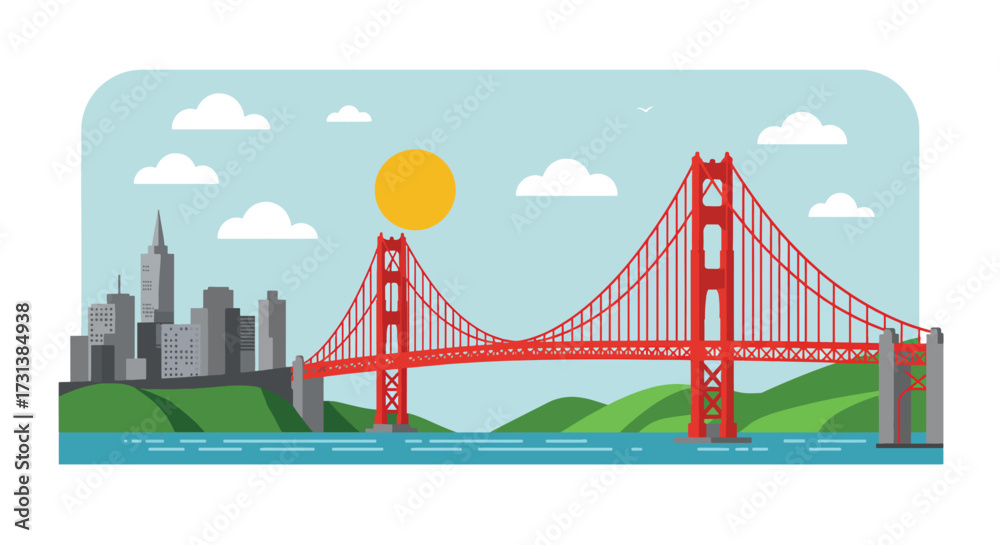 Obraz premium Flat vector illustration of the iconic Golden Gate Bridge with the San Francisco skyline.