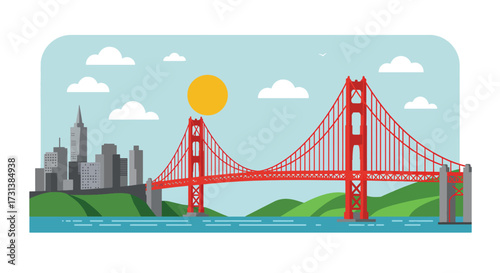 Flat vector illustration of the iconic Golden Gate Bridge with the San Francisco skyline.