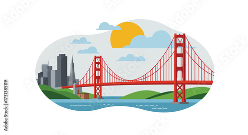 Golden Gate Bridge Illustration with San Francisco Skyline and Sunny Sky.