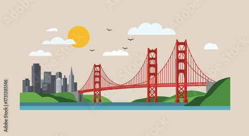 Golden Gate Bridge Illustration with San Francisco Skyline Sun and Clouds.