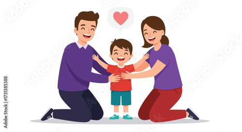 Happy Family with Son Parents Kneeling and Embracing Child.