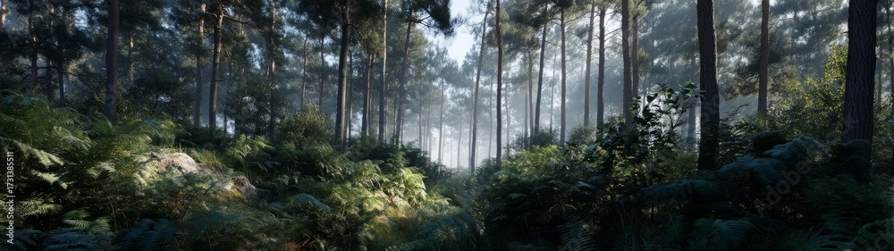 Obraz premium Serene forest landscape hdr panorama nature scene tranquil environment wide view