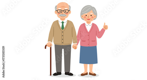 Happy senior couple illustration an elderly man with a cane and a woman giving a thumbsup gesture.