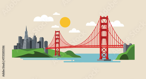 Iconic Golden Gate Bridge and San Francisco Skyline Illustration.
