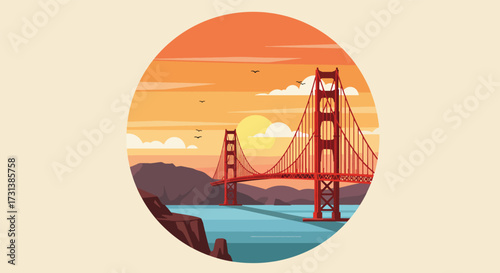 Iconic Golden Gate Bridge at Sunset with Orange Sky and Water.