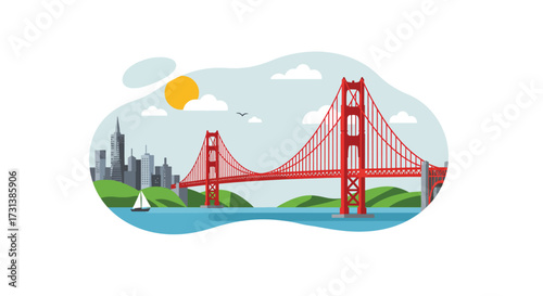 Iconic Golden Gate Bridge spanning a bay with city skyline and sailboat.