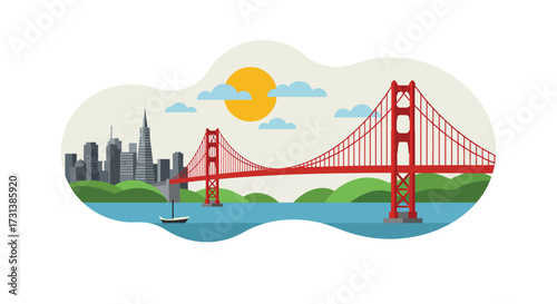 Iconic Golden Gate Bridge with San Francisco Skyline and Sailboat.