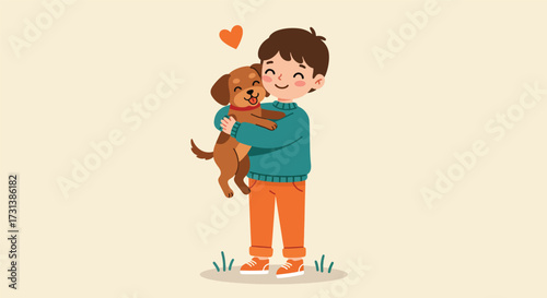 Joyful Boy Embraces Beloved Puppy in Heartwarming Illustration.