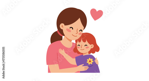 Loving mother embracing her happy daughter with a heart symbol.