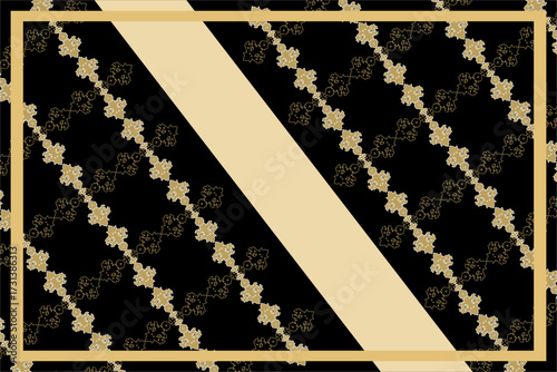 A sophisticated vector pattern featuring diagonal beige stripes and ornate gold floral motifs on a black background, Ideal for textile design, wallpaper, packaging, or decorative digital assets.