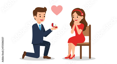 Man Proposing Marriage to Woman with Engagement Ring and Heart Symbol.