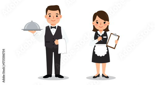 Professional Waiter and Waitress Posing with Service Items.
