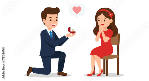 Romantic Proposal Man on one knee offering engagement ring to surprised woman.