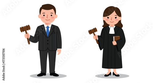 Two Cartoon Judges Holding Gavel and Book.