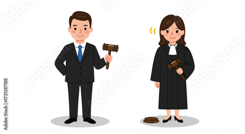 Two Cartoon Judges in Court Attire Holding Gavel and Book.