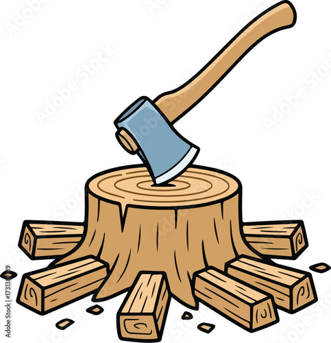 Cartoon Axe on Tree Stump with Chopped Firewood Illustration

