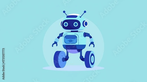 Friendly Robot Walking with Blue Background.