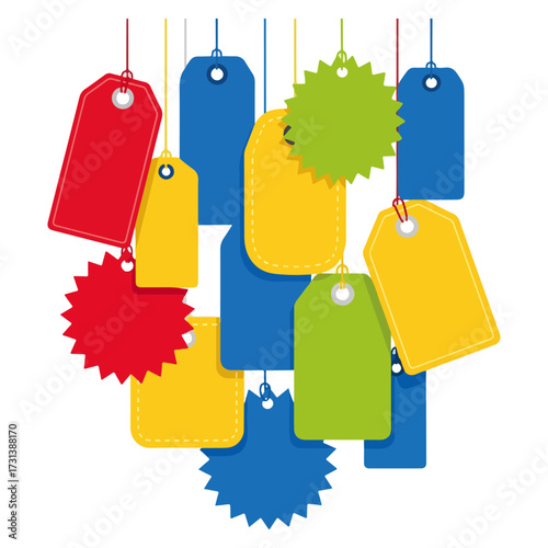 Collection of colorful hanging price tags, various shapes and sizes, perfect for sales and promotions.