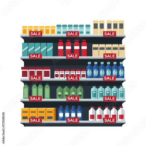 A retail store shelf display featuring various products with sale signs, showcasing a typical supermarket aisle.