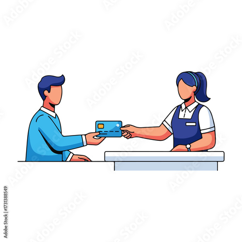 A male customer makes a payment by handing his credit card to a female cashier at a checkout counter.