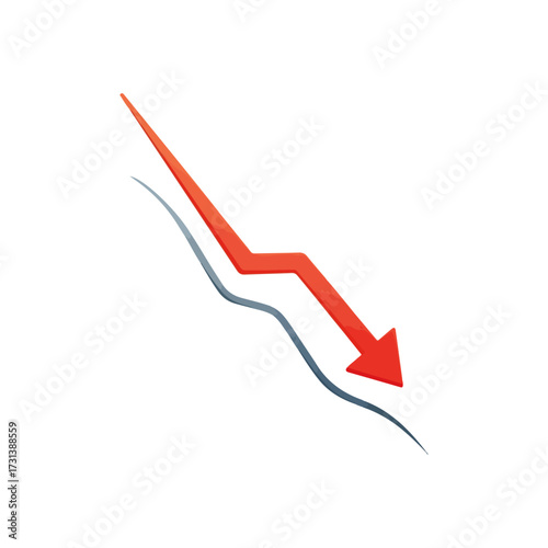 A red arrow pointing downwards follows a grey line, illustrating a concept of decline, decrease, or economic recession.