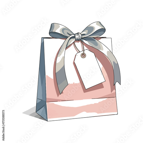 A beautifully illustrated gift bag with a large satin bow and a blank gift tag, perfect for any occasion.