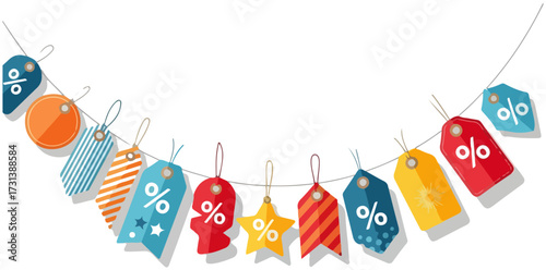 A string of colorful sale tags with percentage symbols hanging on a line, representing discounts and promotions.