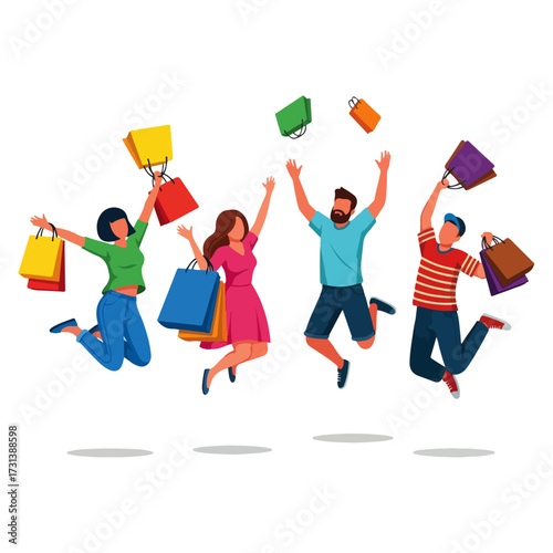 People jumping with shopping bags, celebrating a successful shopping trip.