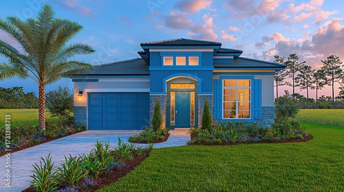 Modern blue house with palm and grass lawn under colorful dusk sky