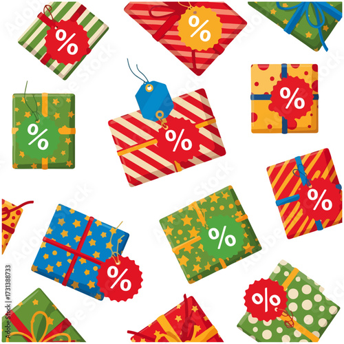 A collection of colorful gift boxes with red sale tags featuring percentage signs, suggesting a sale or discount event.