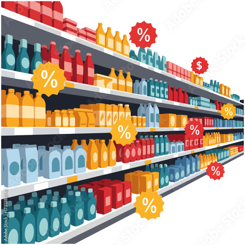 A long aisle in a supermarket or grocery store filled with various products on shelves, many featuring discount and sale tags.
