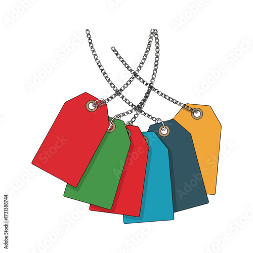 Colorful price tags hanging from a chain, isolated on white background.