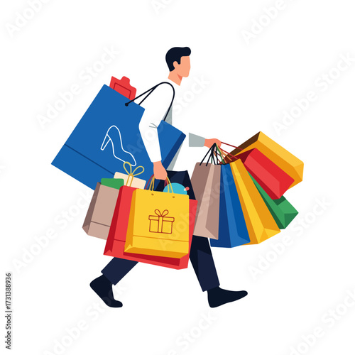 Vector illustration of a man walking while carrying a large number of colorful shopping bags after a successful shopping spree.
